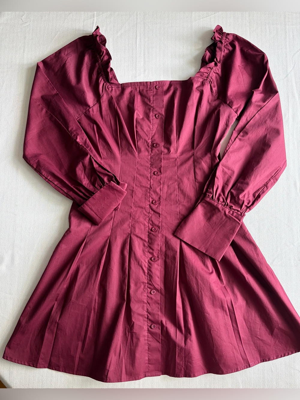 Square Neck Long Sleeve Mini Dress in Wine Ruffles Pleated Cotton Coquette Sz 10
